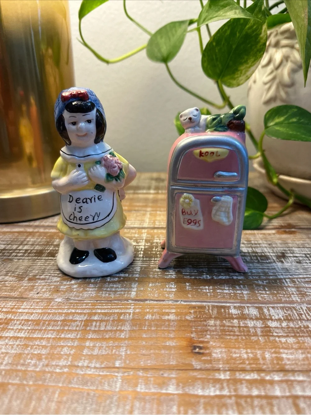 Vintage Dearie Cheery Weary Lady with Refrigerator Salt Pepper Shaker Set